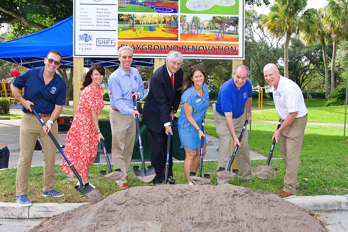 Boca Raton City Council Members Mark Widger and Fran Nachlas , along with Mayor Scott Singer join District Commissioners Bob Rollins, Erin Wright, Steve Engel and Craig Ehrnst to break ground on the new playground at Patch Reef Park.